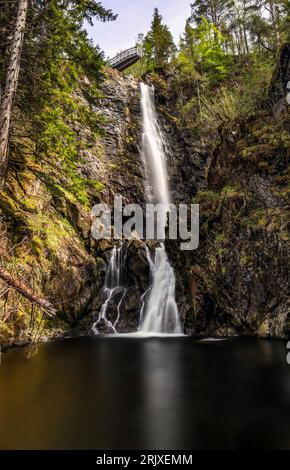 Eine atemberaubende, üppige Landschaft mit einem mächtigen Wasserfall, der durch einen lebendigen Wald mit hoch aufragenden Bäumen und Felsen fließt Stockfoto