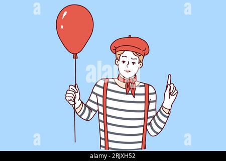 MIME-Mann, der den roten Ballon hält und mit dem Finger nach oben zeigt, an einem Wettbewerb oder Zirkus teilnimmt. MIME Guy mit weißem Gesicht, in langhaarigem T-Shirt gekleidet und bereit, das Publikum zum Lachen zu bringen Stock Vektor