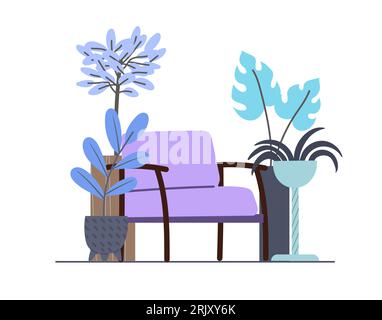 Ein gemütlicher weicher Sessel inmitten von Zimmerpflanzen. Coole Farben im Innendesign in minimalistischem Cartoon-Stil. Stock Vektor