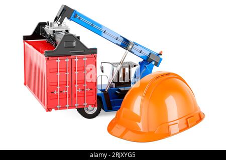 Forklift truck with cargo container and orange hard hat, 3D rendering isolated on white background Stockfoto