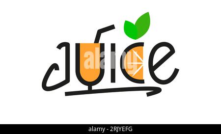 Orangensaft, handgeschriebene Schrift mit saftigen Tropfen. Isoliertes Vektorlogo, moderner handgezeichneter Text. Stock Vektor