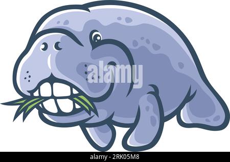 Cute Cartoon Manatee Eating Sea Grass Stock Vektor