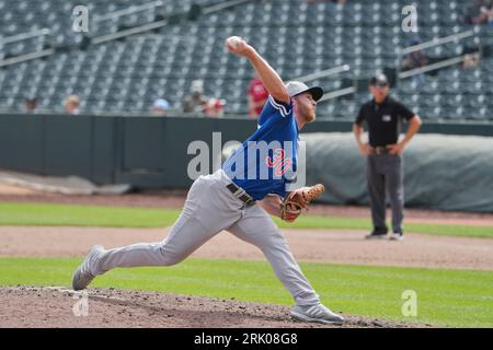 20. August 2023: Jake Reed (19) wirft ein Pitch mit Oklahoma City Dodgers und Salt Lake Bees im Smiths Field in Salt Lake UT. David Seelig/Cal Sport Medi Stockfoto
