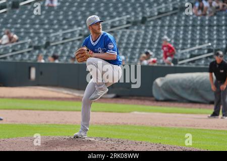 20. August 2023: Jake Reed (19) wirft ein Pitch mit Oklahoma City Dodgers und Salt Lake Bees im Smiths Field in Salt Lake UT. David Seelig/Cal Sport Medi Stockfoto