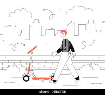 Man with electric scooter vector line concept Stock Vektor
