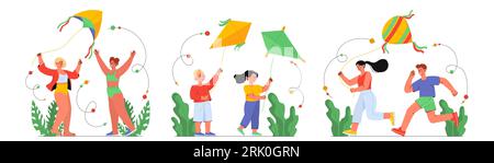 Set of kids with kites vector concept Stock Vektor