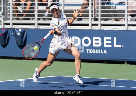 New York, USA. August 2023. NAO Hibino aus Japan kehrt in der 1. Runde gegen Louisa Chirico aus den USA zurück, nachdem er sich am 23. August 2023 im Billy Jean King Tennis Center in New York für die US Open Championship qualifiziert hatte. Chirico siegte in der Reihe. (Foto: Lev Radin/SIPA USA) Credit: SIPA USA/Alamy Live News Stockfoto