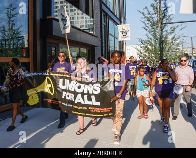 Milwaukee, United States. 23rd Aug, 2023. People protest at the first Republican presidential candidate debate of the 2024 presidential race at Fiserv Forum in Milwaukee, Wisconsin, August 23, 2023. Fiserv Forum will will be the site of the Republican National Convention July 15-18, 2024 where the Republican presidential candidate will be nominated. Photo by Tannen Maury/UPI Credit: UPI/Alamy Live News Stock Photo
