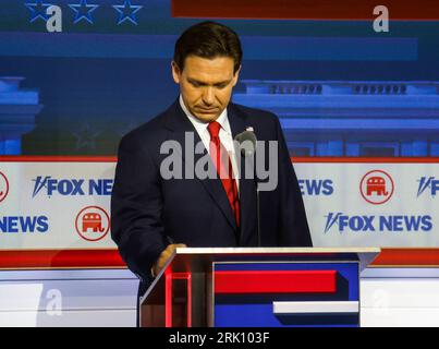Milwaukee, United States. 23rd Aug, 2023. Florida Governor and Republican presidential candidate Ron DeSantis stands at his position during the first Republican presidential candidate debate of the 2024 presidential race at Fiserv Forum in Milwaukee, Wisconsin, August 23, 2023. Fiserv Forum will will be the site of the Republican National Convention July 15-18, 2024 where the Republican presidential candidate will be nominated. Photo by Tannen Maury/UPI Credit: UPI/Alamy Live News Stock Photo