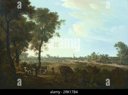 Szene aus den Napoleonischen Kriegen: Der Beginn des Brückenkopfes in der Lobau 1810 by Josef Rebell Stock Photo