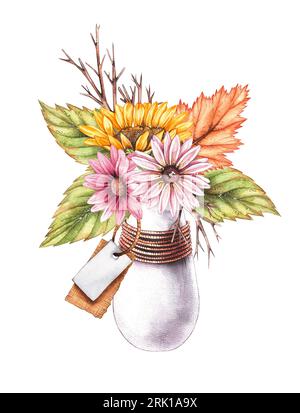 Watercolor autumn composition with autumn flowers in vase isolated on white background. Hand drawn flowers, withered leaves for design of cards, stick Stock Photo