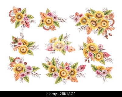 Aquarellherbst aus Komposition mit herbstlichen Sonnenblumen, Chrysanthemen, welken Blättern isoliert auf weißem Hintergrund. Handgezeichnete Blumen, Stockfoto