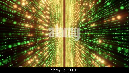 Abstrakte Hightech-Linien mit grüner Energie und digitale Partikel fliegen in einem Tunnel mit Bokeh-Effekt und leuchtendem Hintergrund. Stockfoto