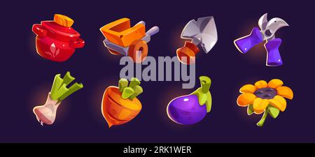 UI Farm Game Symbol Set o Gartenwerkzeug und Gemüse. Isolierte Cartoon-Vektor-Lebensmittelelementsammlung mit Schaufel und Gartenbauern Ausrüstung. Glänzende und glitzernde Landwirtschafts-Clipart für mobile Apps Stock Vektor