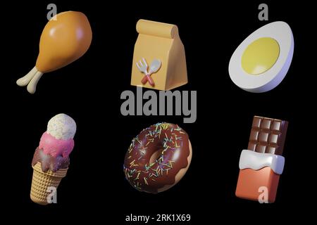 3d icon foods, fried chicken, peper bag, slice egg, ice cream, donut, and chocolate on black background Stockfoto