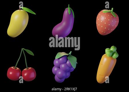 set of fruits and vegetables icon, mango, eggplant, strowbery, cherry, grapes, and carrots isolated on black background. 3d illustration. Stock Photo