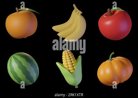 Set mit Obst und Gemüse Icon, Orange, Banane, Apfel, Wassermelone, Mais und Kürbis isoliert auf schwarzem Hintergrund. 3D-Abbildung. Stockfoto