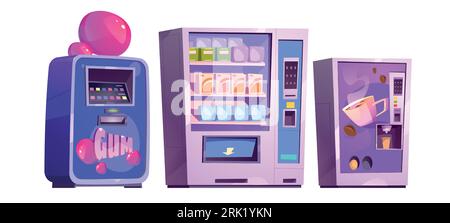 Verkaufsautomaten mit Kaugummi, Snacks und Kaffee. Ausrüstung für automatisches Servieren von Speisen und Getränken. Praktische automatisierte Dispenser für den Einzelhandel, gefüllt mit Produktverpackungen. Zeichentrickvektor. Stock Vektor