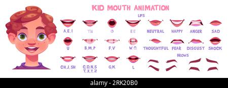 Animation zum Synchronisieren von Lippenausdrücken mit Kindermundcharakter. Junge Kind Gesicht sprechen englisch und artikulieren. Erzeugen Sie Aussprache und Emotionen für Infografik oder Lernsammlung. Vorlage für Gesichtsbewegungen Stock Vektor