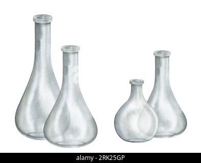 Set aus Glasgefäß, Vase. Aquarellhandgezeichneter Clipart isoliert auf weißem Hintergrund. Becherset für biologische und medizinische Experimente. Handgefertigt Stockfoto