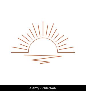 Vector linear Boho geometrischer Sonnenschein, Sonnenlogo Design Vorlage, böhmische Sonnenaufgang oder Sonnenuntergang Symbol. Abstrakte, strahlende Sonne im Retro-Stil Stock Vektor