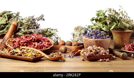 Trockener Kräuterteemischung und verschiedene getrocknete Heilpflanzen, Kräuter und Blumen. Isoliert auf weißem Hintergrund. Stockfoto