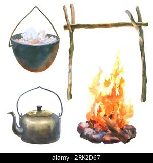 Aquarell-Illustration des Camping-Sets. Handgezeichnete Illustration von Reisegefäß, Lagerfeuer auf weißem isoliertem Hintergrund. Herkömmliche Geräte für Stockfoto