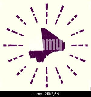 Mali-Logo. Grunge Sunburst Poster mit einer Landkarte. Die Form von Mali ist mit Hexziffern gefüllt, umgeben von Sonnenstrahlen. Stock Vektor
