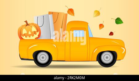 Happy Halloween Truck mit Jack O Laterne Kürbis Laterne hinten. Breites Vektorbanner für Postkarten, Flyer, Flugblätter, Partyeinladungen Stock Vektor