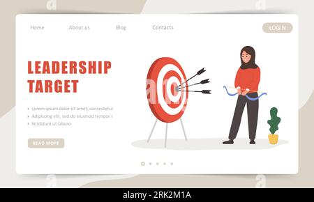 Leadership target landing page template. Female entrepreneur. Successful arab woman with bow shooting target with arrows. Financial or job goal Stock Vector