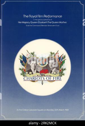 Front cover of Brochure for The Royal Film Performance 1981 at the Odeon Leicester Square on Monday 30th March of BEN CROSS as Harold Abrahams and IAN CHARLESON as Eric Liddell in CHARIOTS OF FIRE 1981 director HUGH HUDSON writer Colin Welland music Vangelis producer David Puttnam executive producers Jake Eberts and Dodi Fayed Enigma Productions / Allied Stars Ltd. / Twentieth Century Fox Film Company Stock Photo