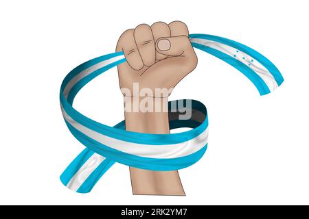 3D illustration. Hand holding flag of Honduras on a fabric ribbon background. It is a flag that was introduced in 2022. Stock Photo