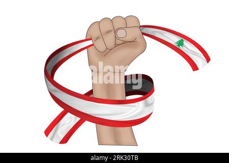 3D illustration. Hand holding flag of Lebanon on a fabric ribbon background. Stockfoto