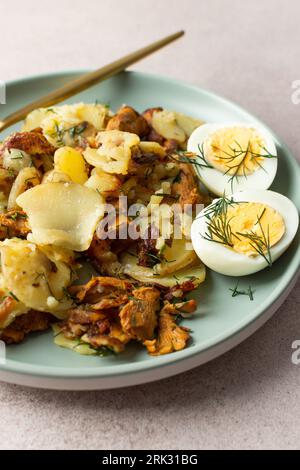 Köstliche herzhafte Abendessen oder Mittagessen, gebratene junge Kartoffeln mit Waldpilzen Chanterelles mit Dill, gekochte Eier, saisonale Speisen Stockfoto
