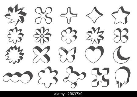 Abstrakte geometrische Elemente für die Konstruktion. Neobrutalismus-Grafikformen. Minimale groovy Y2K Retro-Aufkleber. Set von rückwirkenden Etiketten. Einfache Vektorblumen Stock Vektor