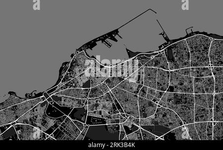 Tripoli map. Detailed black map of Tripoli city administrative area. Cityscape poster metropolitan aria view. Black land with white buildings, water, Stock Vector