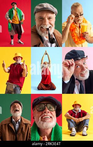 Vertical photo set collage of portraits of emotional senior man in diverse fashion style outfits expressing positive emotions Stock Photo