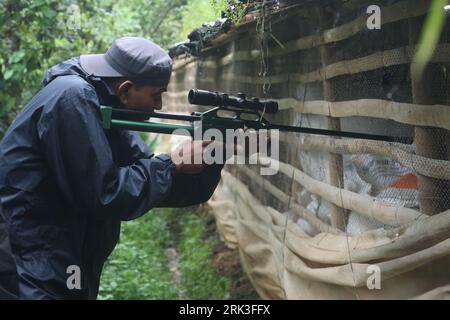 Kathmandu, NE, Nepal. 24th Aug, 2023. Officials point a dart gun at a leopard to rescue from a poultry farm on the outskirts of Kathmandu, Nepal on August 24, 2023. (Credit Image: © Aryan Dhimal/ZUMA Press Wire) EDITORIAL USAGE ONLY! Not for Commercial USAGE! Credit: ZUMA Press, Inc./Alamy Live News Stock Photo
