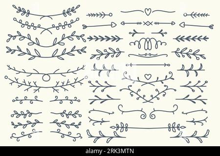 Thirty Hand drawn vector dividers. Lines, borders and laurels set. Doodle design elements isolated on white background. Stock Vector