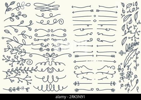 Vierzig handgezeichnete Vektorteiler. Linien, Rahmen und Lorbeeren. Doodle-Designelemente isoliert auf weißem Hintergrund. Stock Vektor