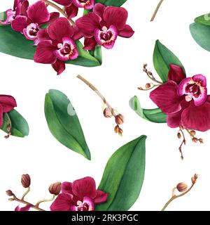 Watercolor seamless pattern with flower orchid blooms, leaves and buds. For wrapping, wallpaper, fabric, textile Stock Photo