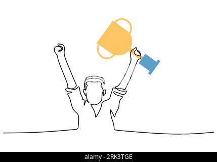 One continuous single line of man bring trophy for world cup isolated on white background. Stock Vektor