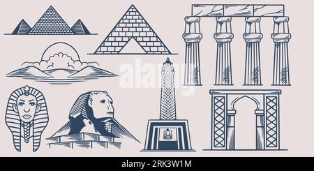 Handzeichnen Doodle Reise Reiseelemente Set geht nach ägypten mit Pyramide, Sphinx, Pharao, Museum und Tempel. Stock Vektor