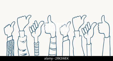 Hand gezeichnet acht Hände Daumen nach oben klatschende Ovation Illustration Skizze isoliert auf weißem Hintergrund mit verschiedenen Kleidung. Stock Vektor