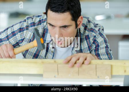 the caucasian carpenter hammering down a nail to wooden plank Stock Photo