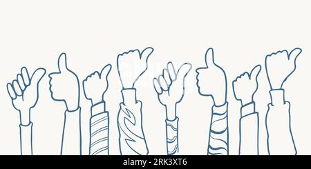 Hand gezeichnet acht Hände Daumen nach oben klatschende Ovation Illustration Skizze isoliert auf weißem Hintergrund mit verschiedenen Kleidung. Stock Vektor