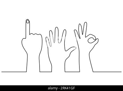 One continuous single line of diversity hand pose isolated on white background. Stock Vector