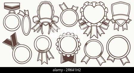 Eleven medals Hand drawn set medal drawing isolated on white background. Doodle medal and champion trophy cup Hand drawn award decorative elements. Stock Vector