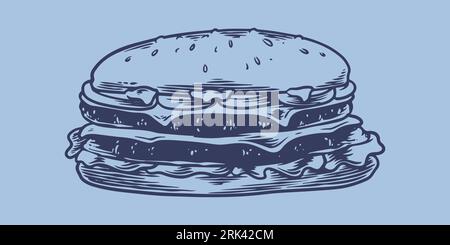 Handgezeichnete Fast-Food-Sets mit großem Hamburger. Das Fast-Food-Menü des Junk Food-Restaurants. Stock Vektor