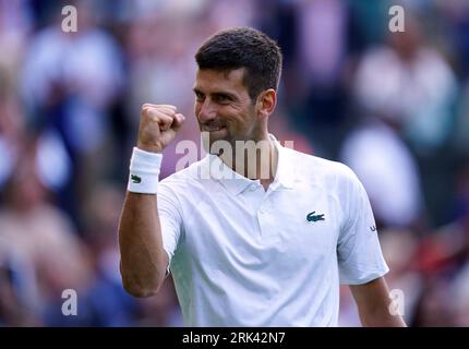 File photo dated 05-07-2023 of Novak Djokovic celebrates. The 23-time grand slam champion returns to Flushing Meadows having missed last year's instalment due to his decision not to be vaccinated against Covid-19. Issue date: Thursday August 24, 2023. Stock Photo